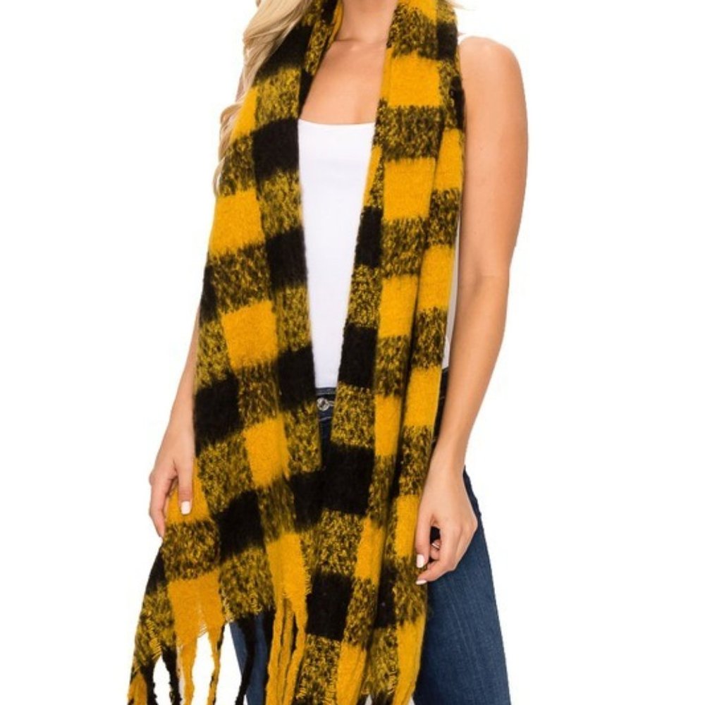 Mustard Yellow & Black Buffalo Plaid Winter Fringe Scarf